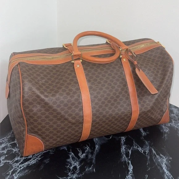 CELINE Macadam Pattern BostonTravel Duffle Bag Leather PVC Brown +Lock AUTHENTIC - Picture 3 of 16